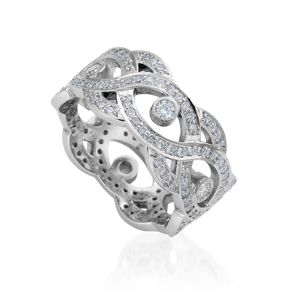 White gold wedding ring with interwoven strands of diamonds