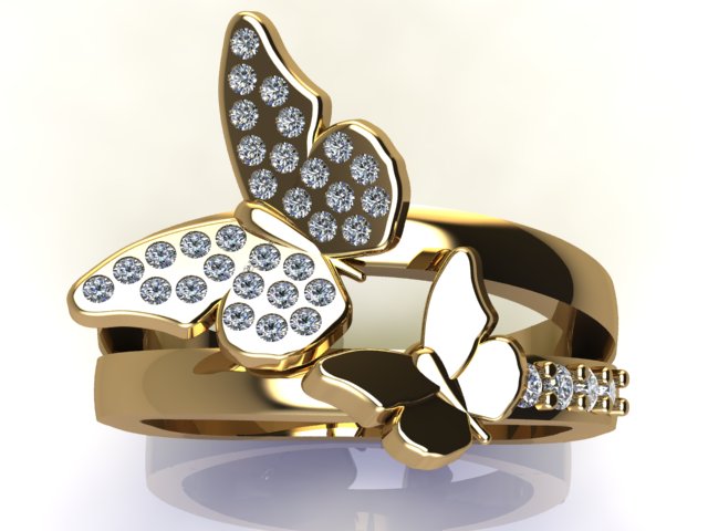 Large gold butterfly with diamonds set in the wings on a gold 2 band ring. On the lower band is a smaller gold butterfly