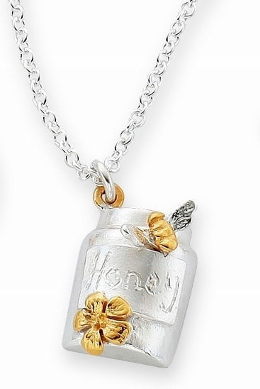 silver and gold honeypot necklace and bee earrings