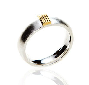 Matt silver ring standing on end with 5 gold wires running across the width of the ring