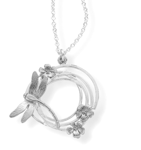 silver dragonfly and flowers necklace