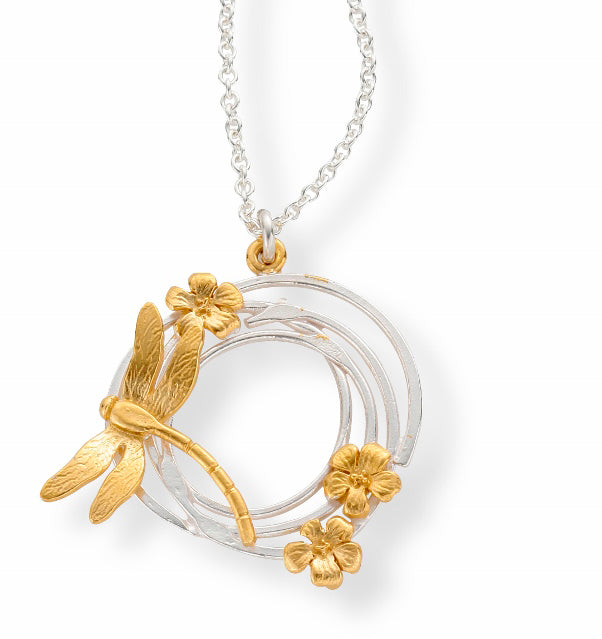 gold dragonfly and flowers on silver necklace
