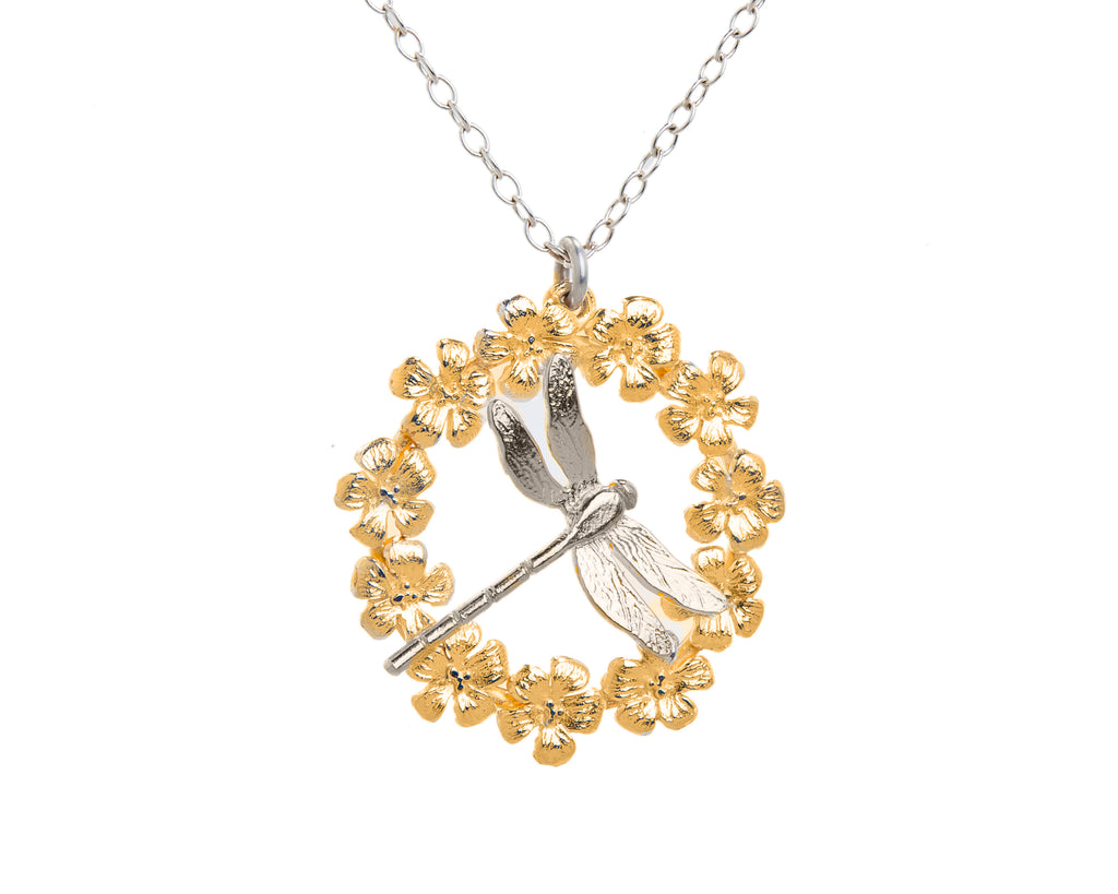gold flower wreath necklace with silver dragonfly