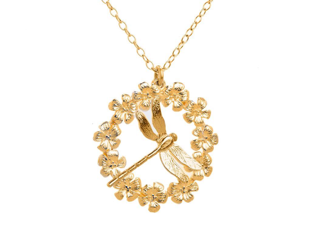 gold flower wreath and dragonfly necklace