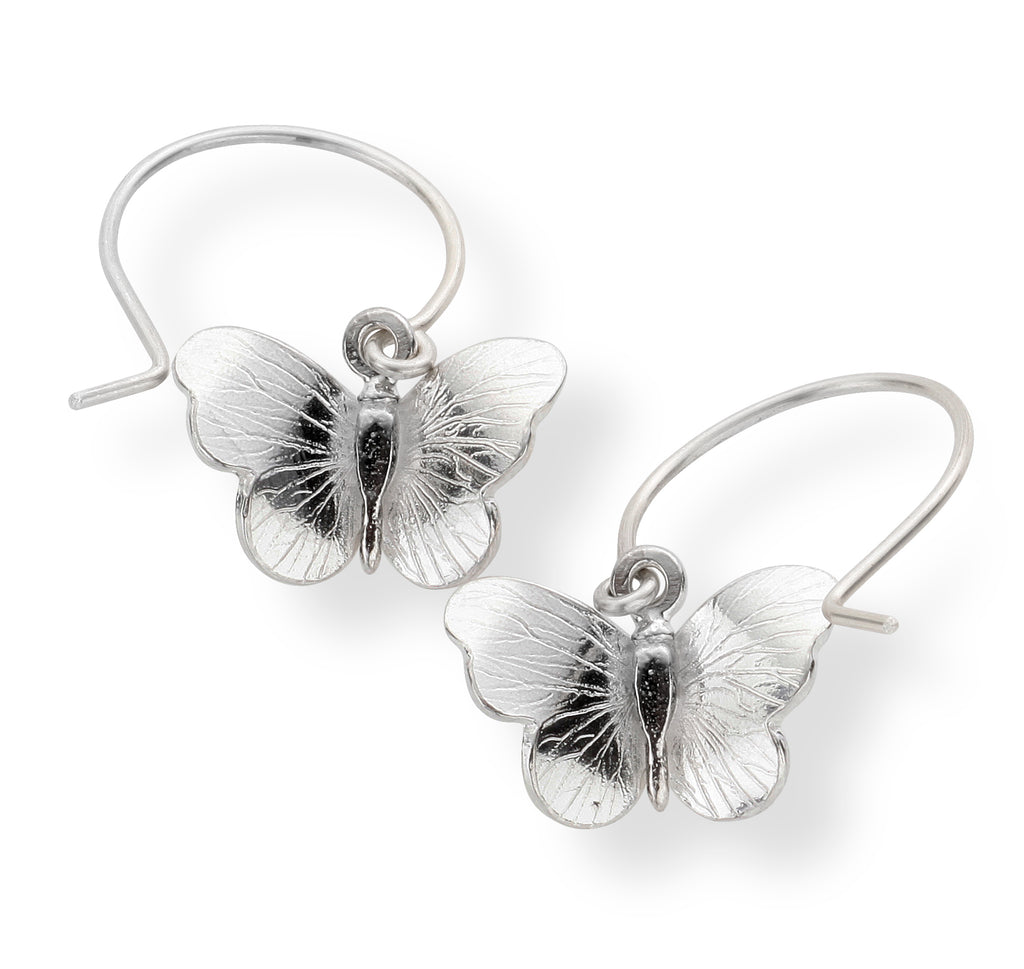 silver butterfly earrings on hooks