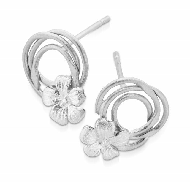 silver swirl with flower stud earrings