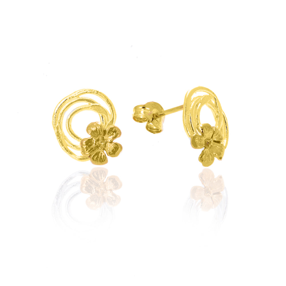 gold swirl and flower stud earrings