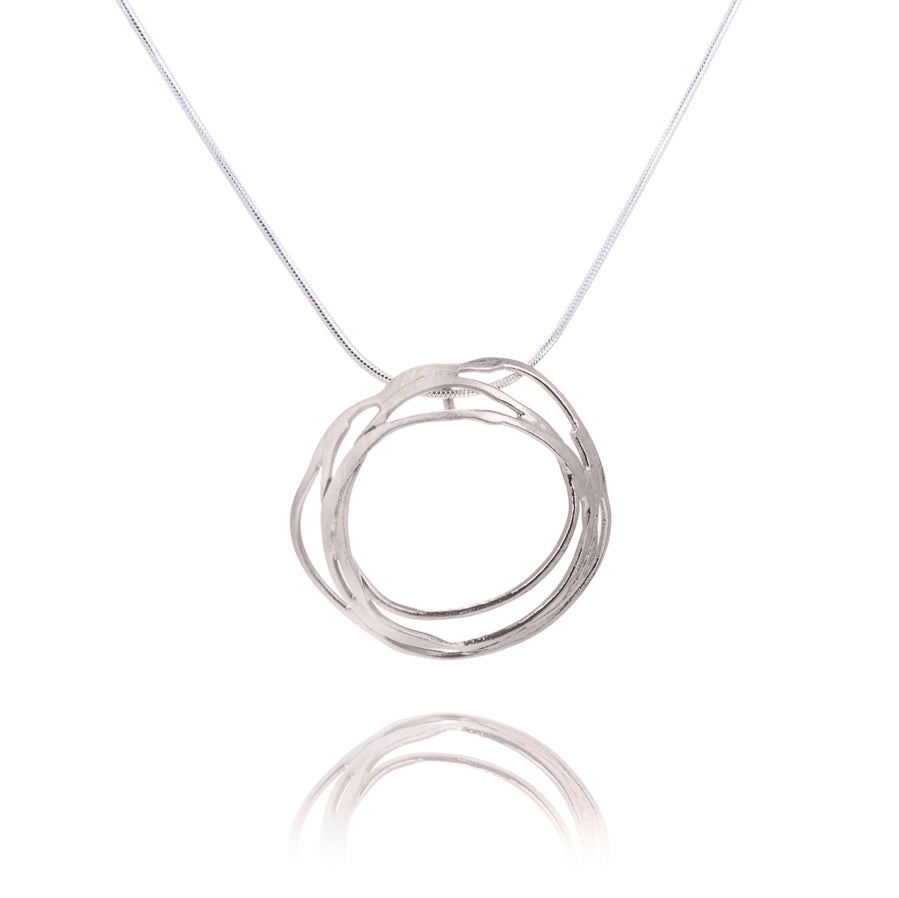 Silver multi-strand circular pendant on silver chain