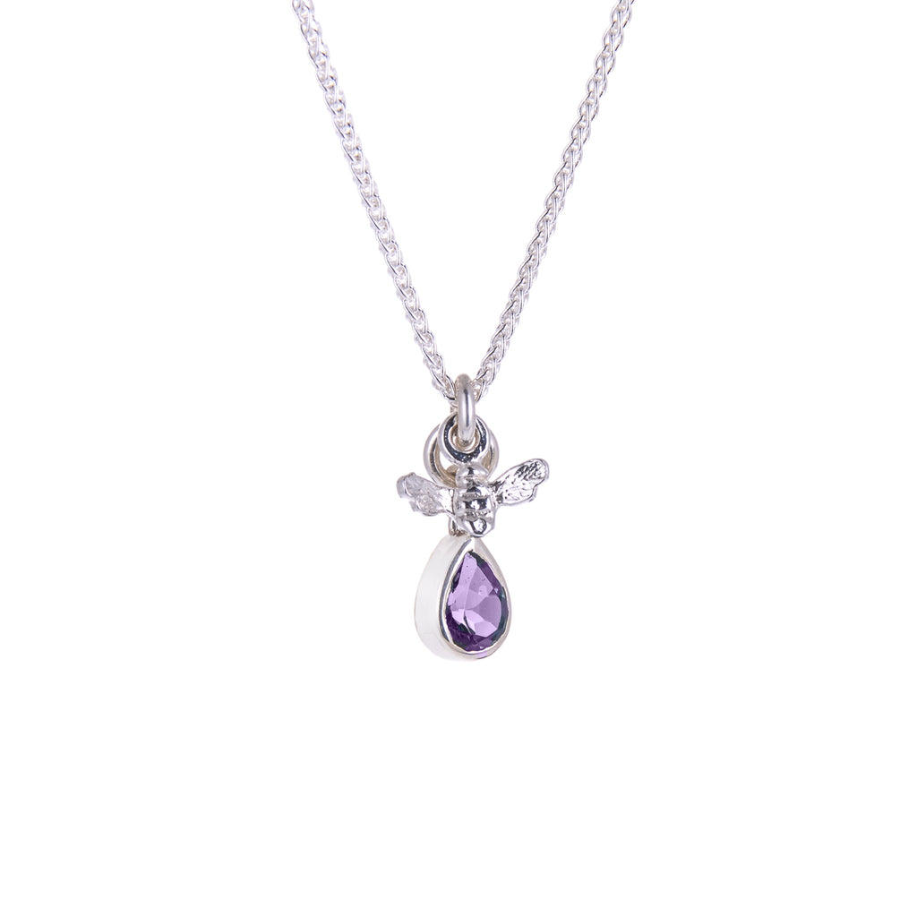 Silver necklace with tiny silver bee and pear shaped Amethyst hanging from it