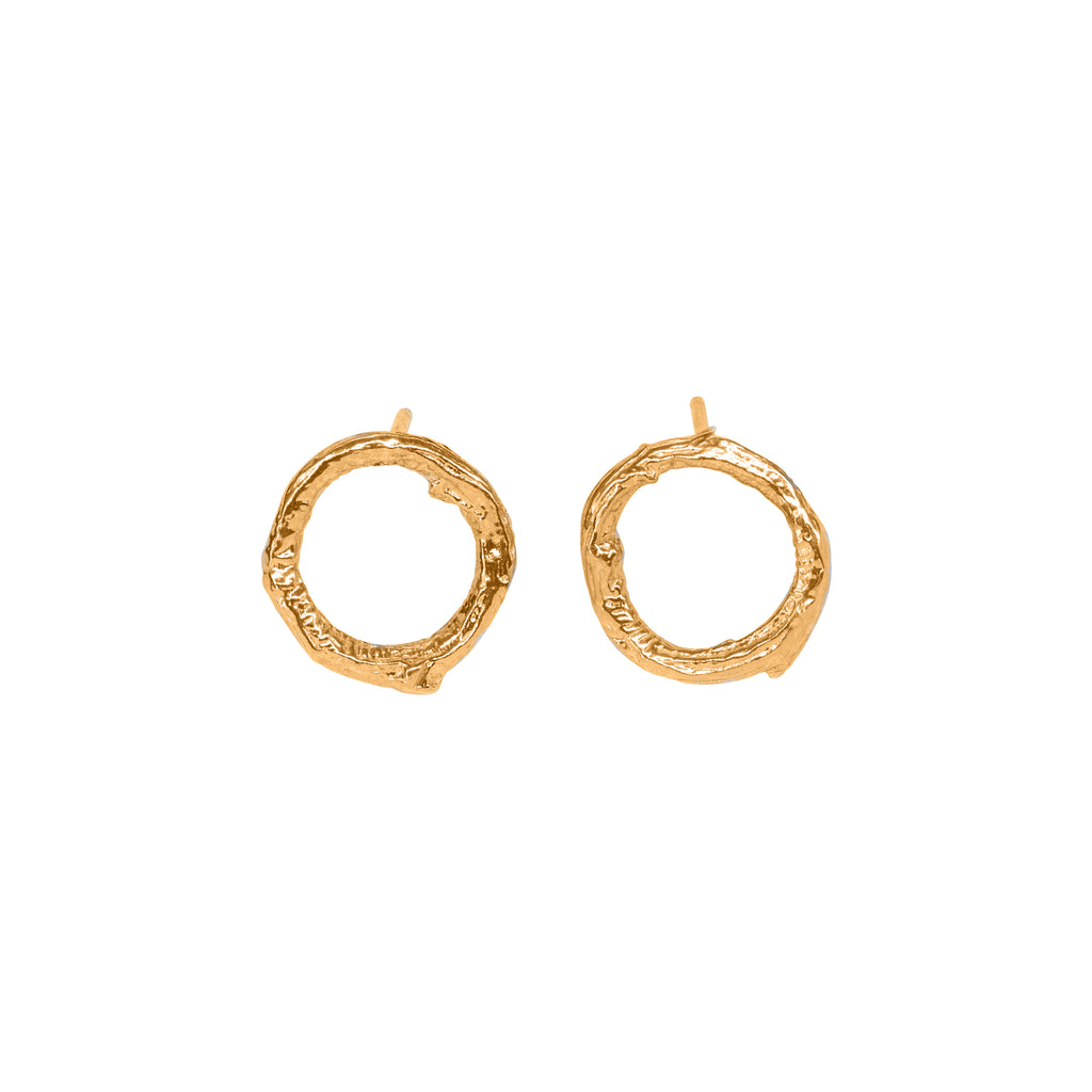 Gold hawthorn twig texture circle earrings