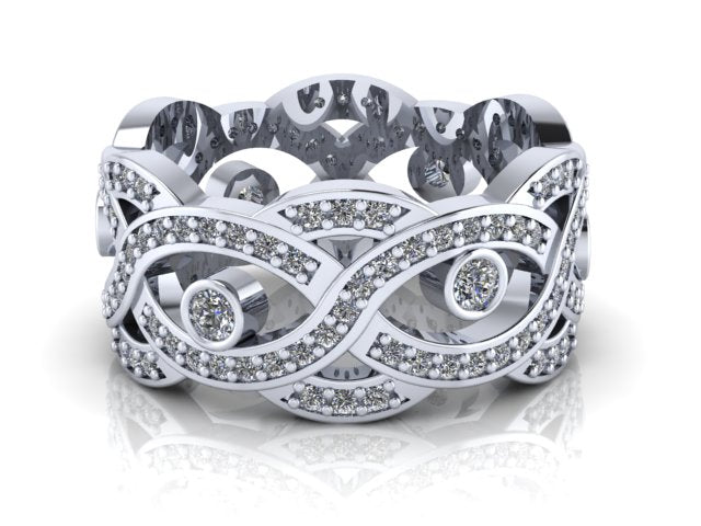 White gold Art Deco wedding ring with interwoven waves of diamonds