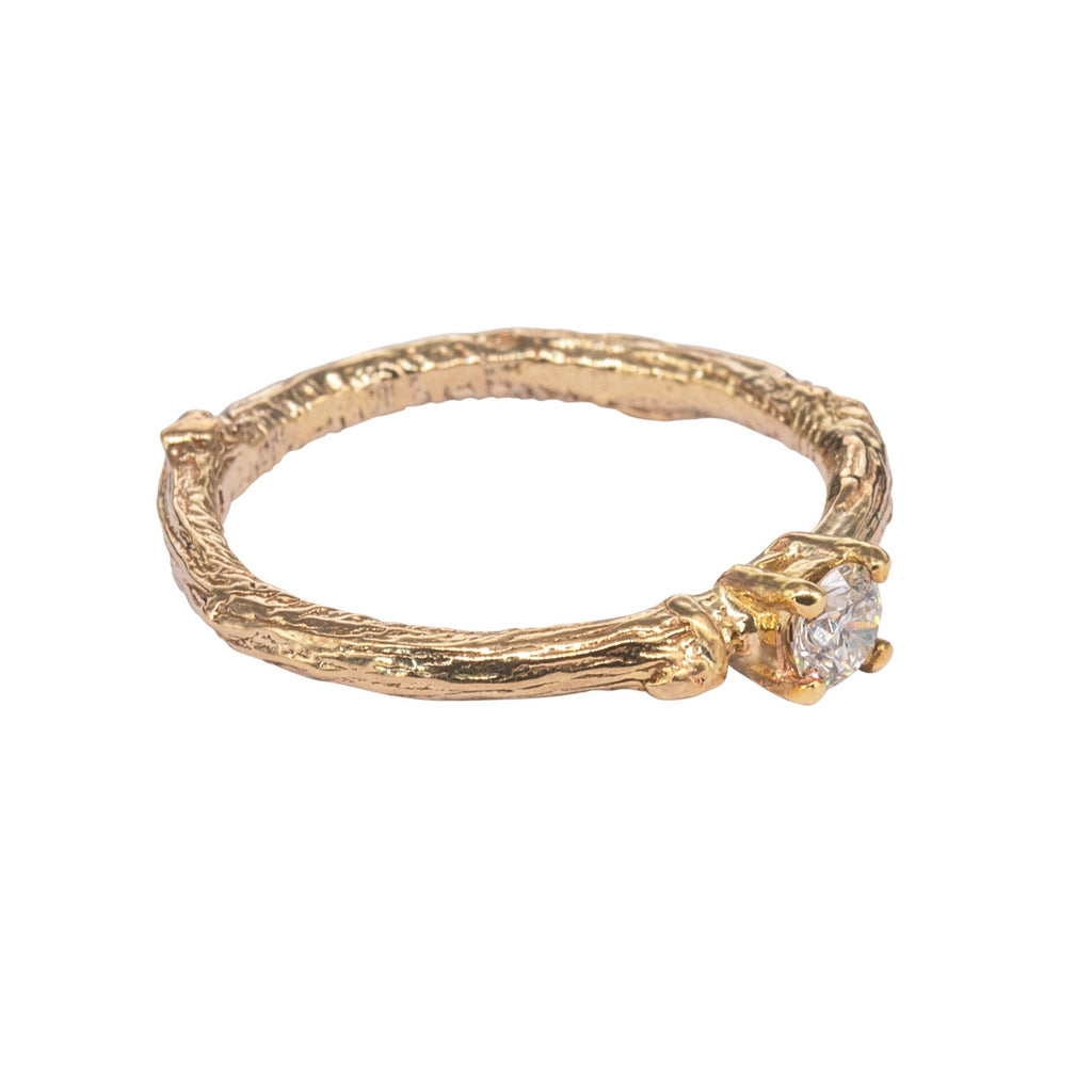 9ct yellow gold twig textured diamond engagement ring from side