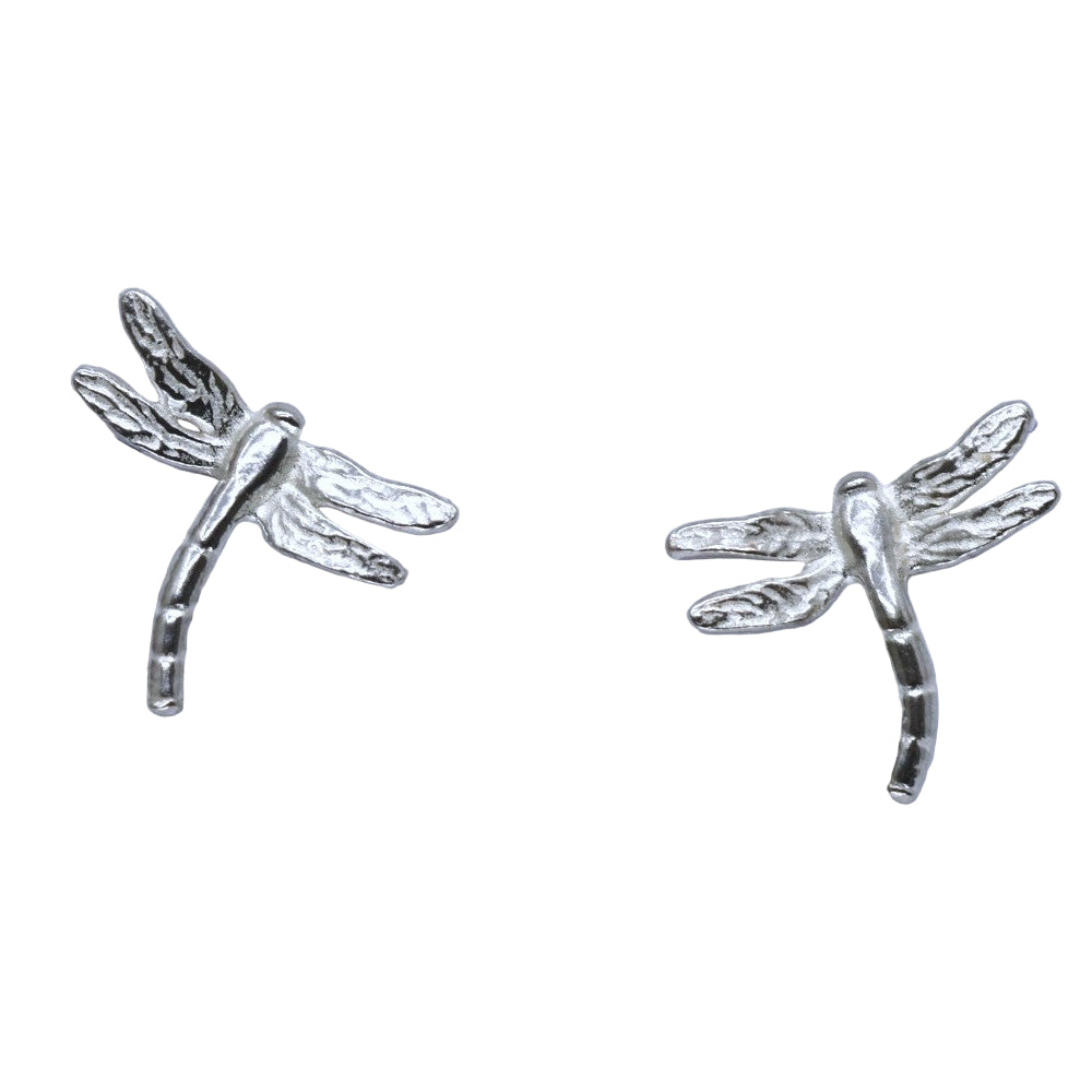 Silver dragonfly earrings on a white background