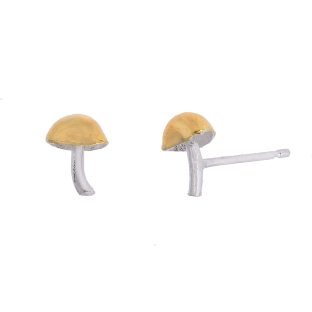 Tiny silver mushroom stud earrings with a gold cap