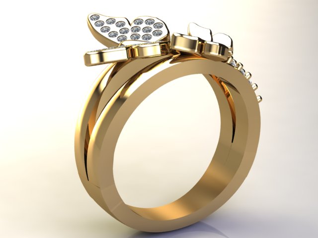 Side view of a gold butterfly statement ring with 2 bands and 2 butterflies