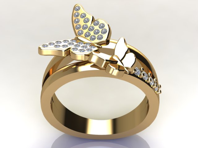 Side view of a gold ring with a large and smaller gold butterfly