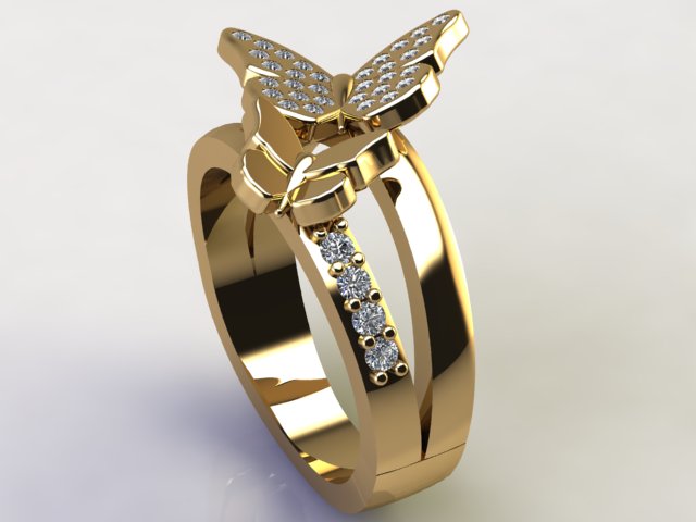Gold ring with a split to the front, forming 2 separate bands. On the upper band is a large butterfly with diamonds in the wings. On the lower band is a smaller butterfly and grain set diamonds on the shank.