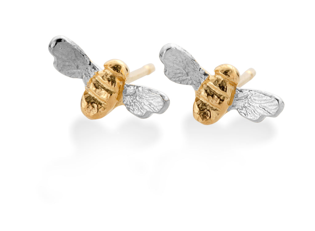 Stud earrings in shape of tiny silver bees with gold body
