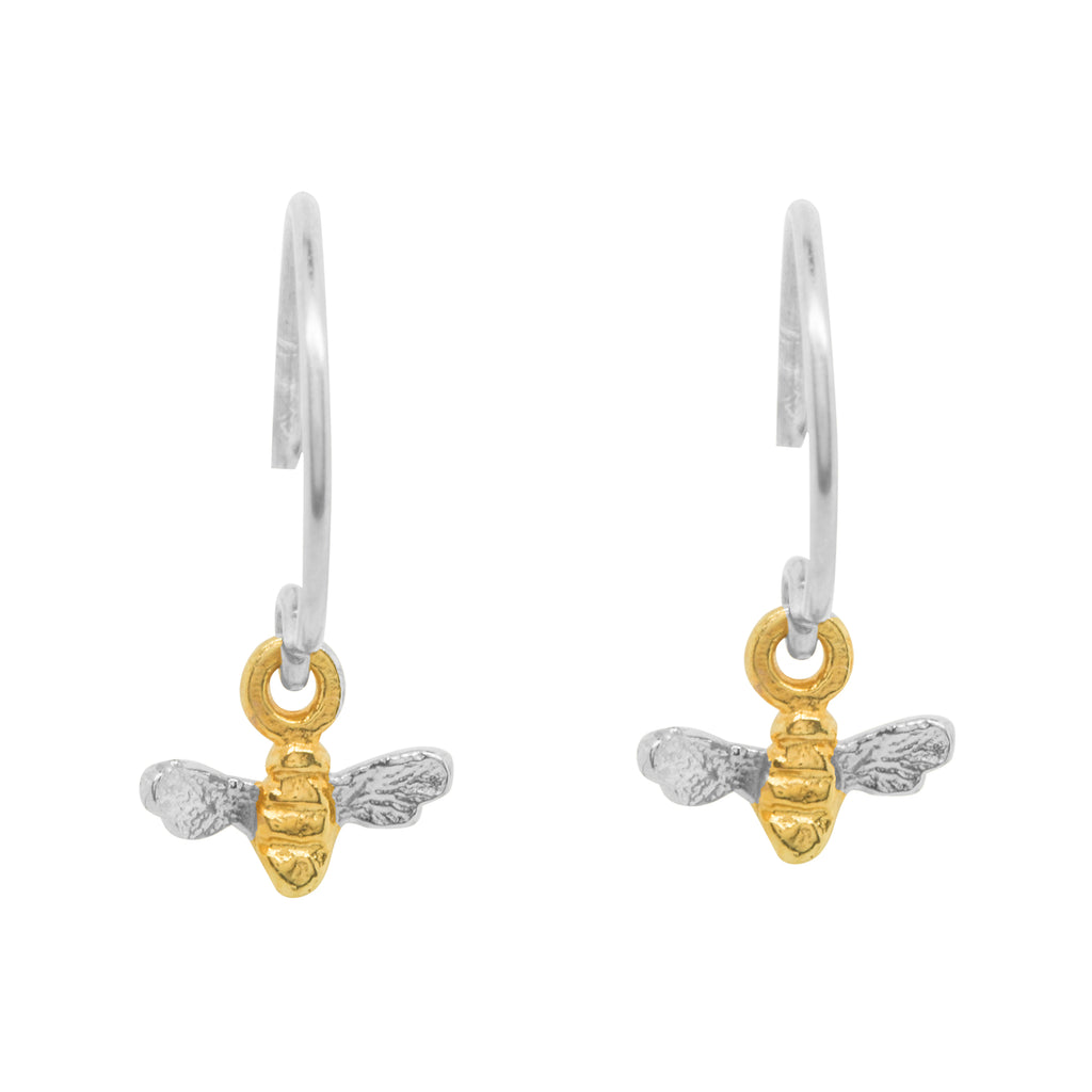 Tiny silver bee earrings with gold-plated body on silver hooks