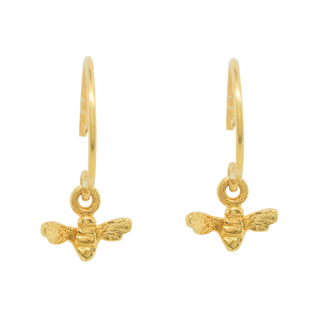 Tiny gold bee earrings on hooks