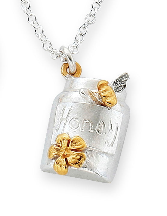 silver honeypot pendant with gold bee and flower