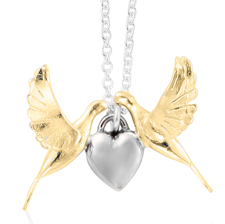 gold doves on silver heart necklace