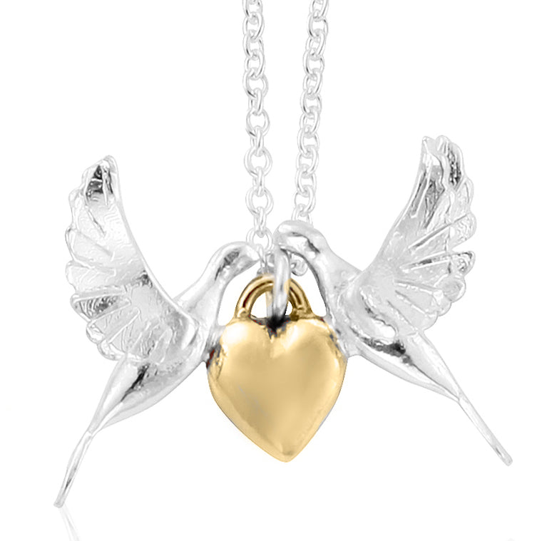 silver doves on gold heart necklace