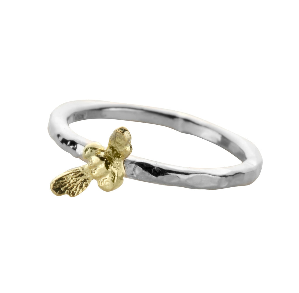 Hammered silver band ring with tiny gold bee