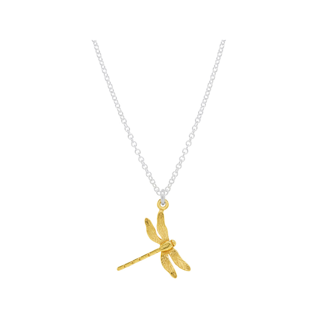 Gold dragonfly pendant on silver chain