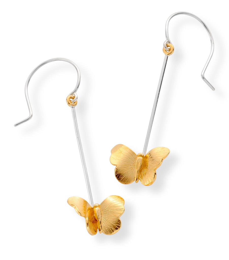 gold butterfly on silver drop earrings