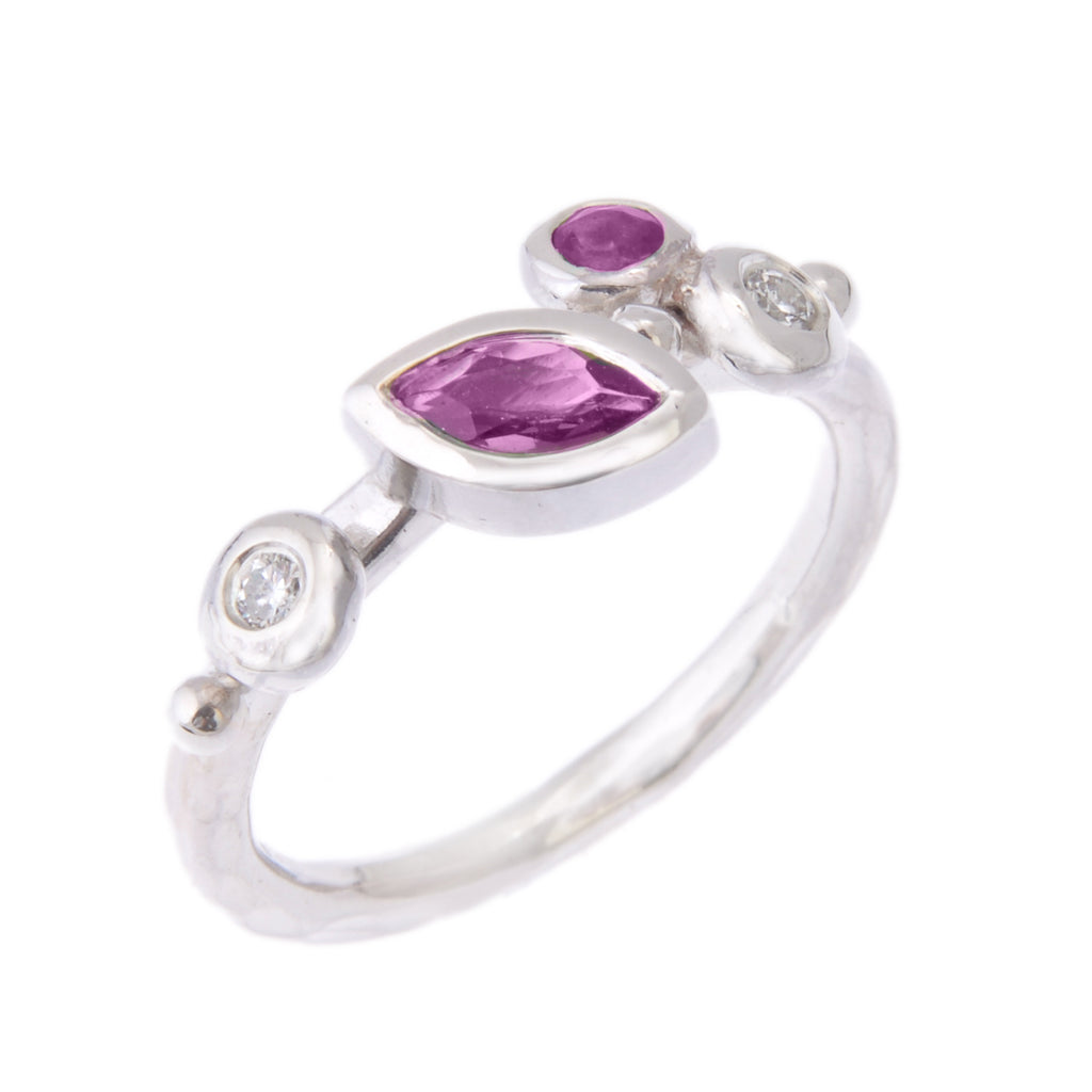Marquise Amethyst and silver ring with little diamonds