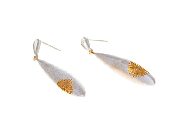 teardrop shaped silver earrings with sunrise pattern