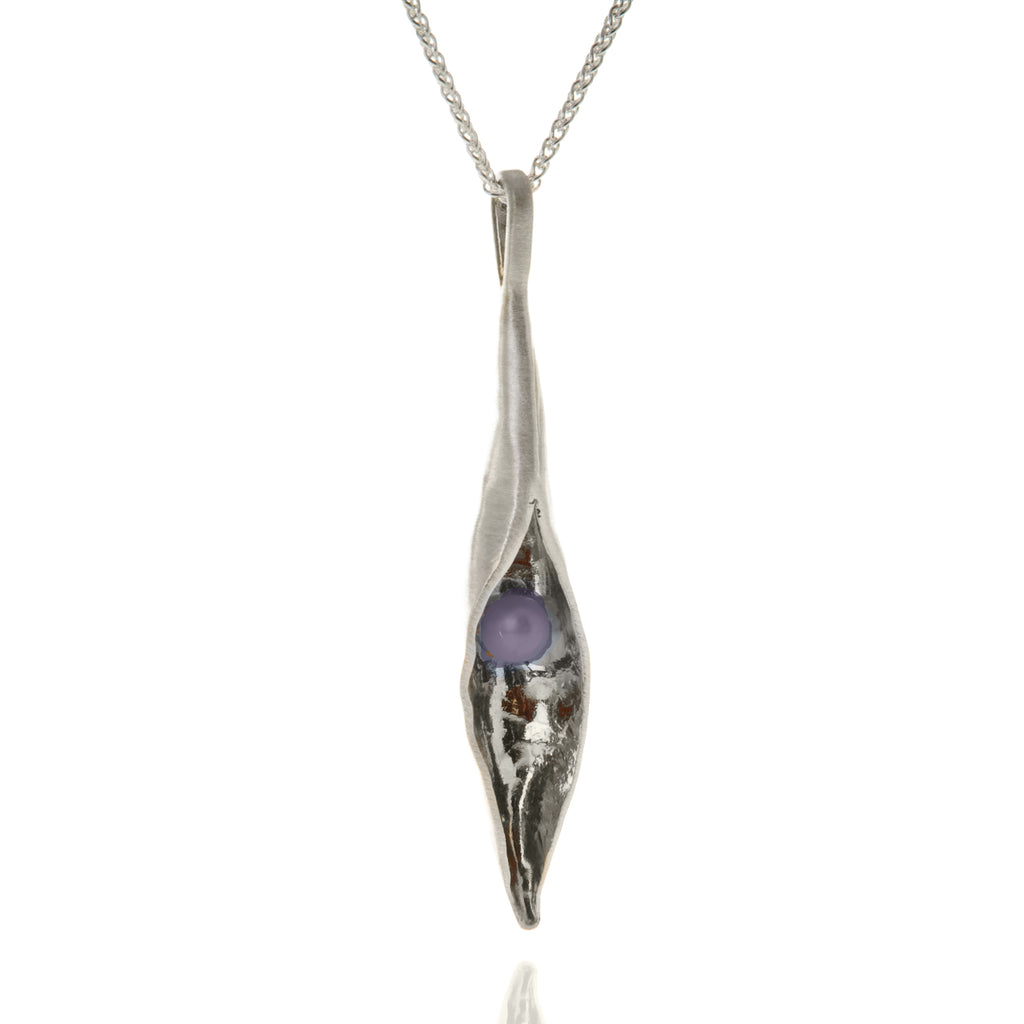 Large silver pod necklace with peacock black pearl