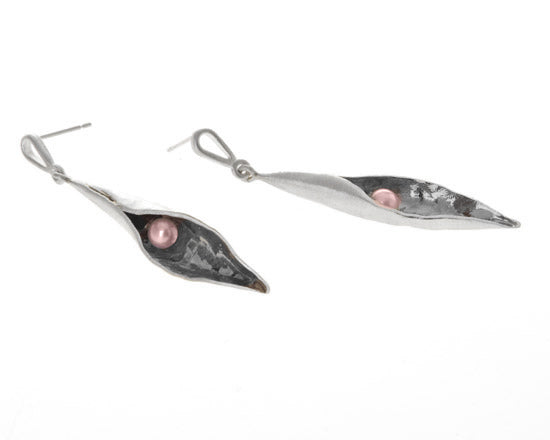 Large silver pea pod drop earrings with pink pearls inside