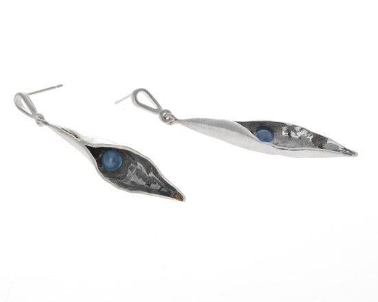 Large pea pod silver drop earrings with peacock black pearls inside