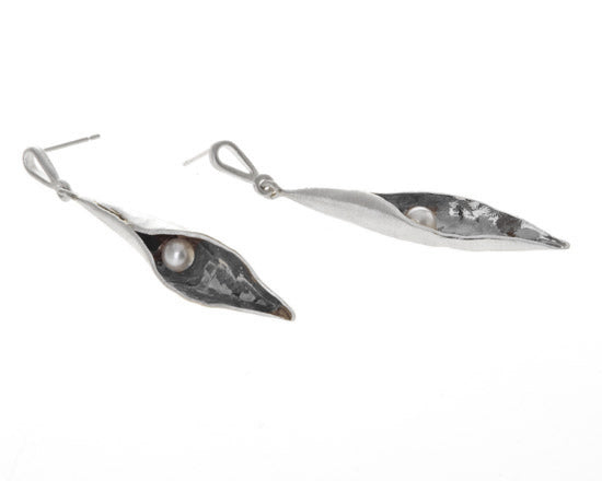 Large silver pea pod drop earrings with white freshwater pearls inside