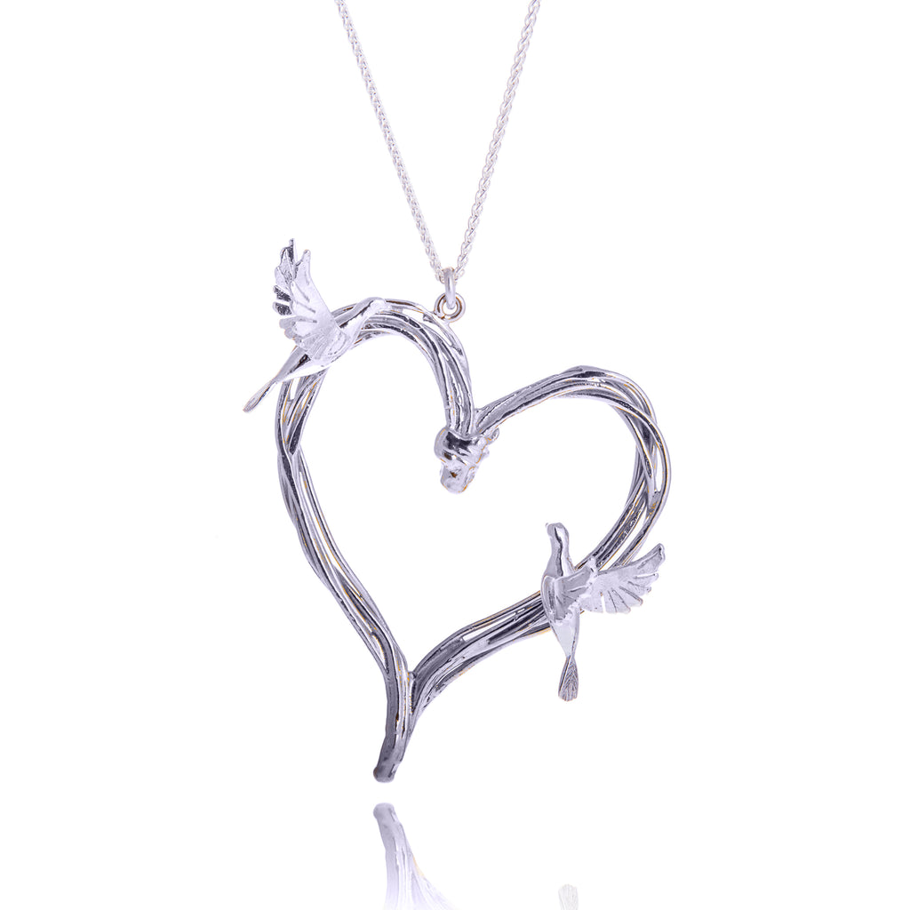 Large Stranded Silver Heart Necklace With Doves