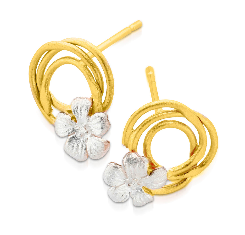 gold swirl with silver flower stud earrings
