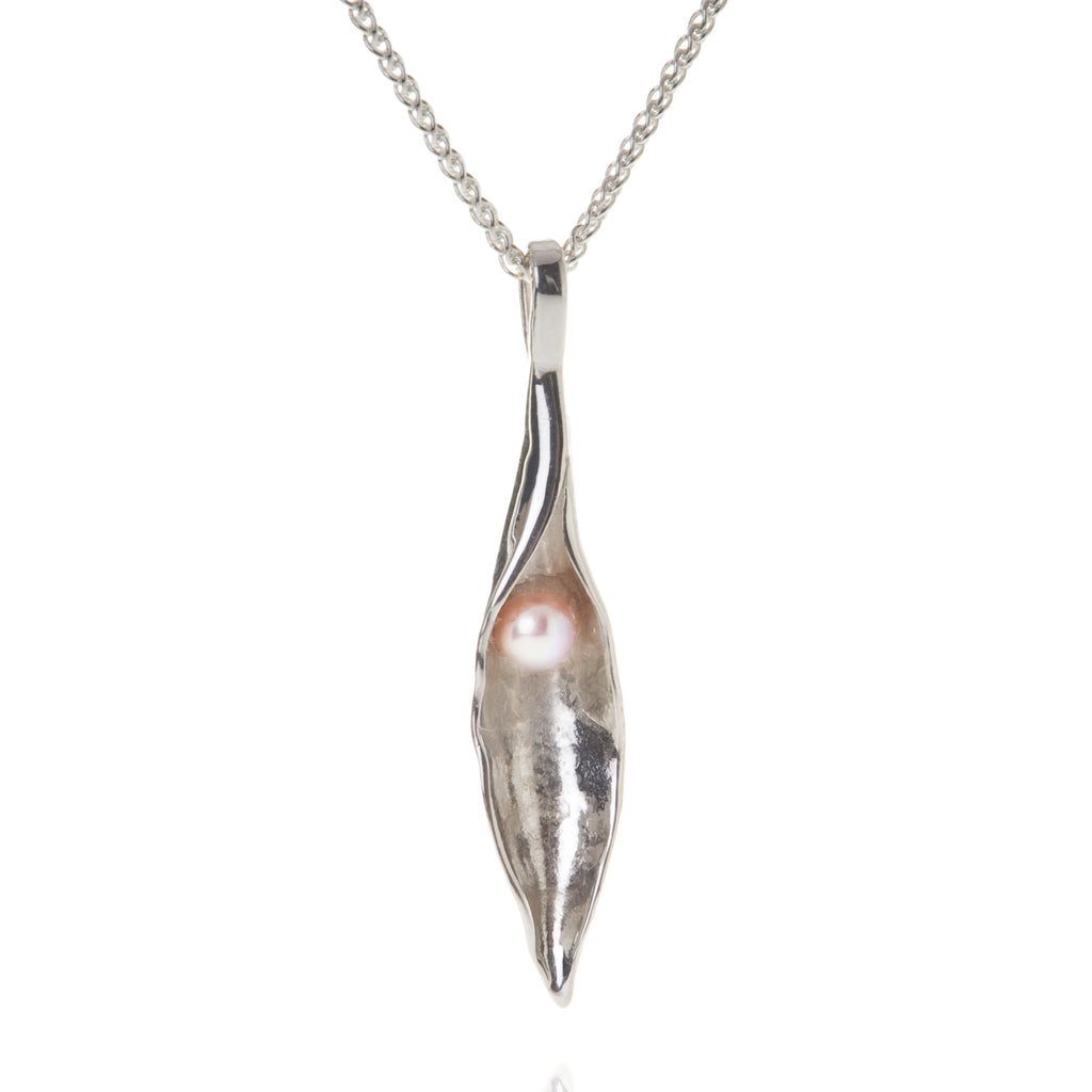 Medium silver pod pendant with pink pearl, on silver chain