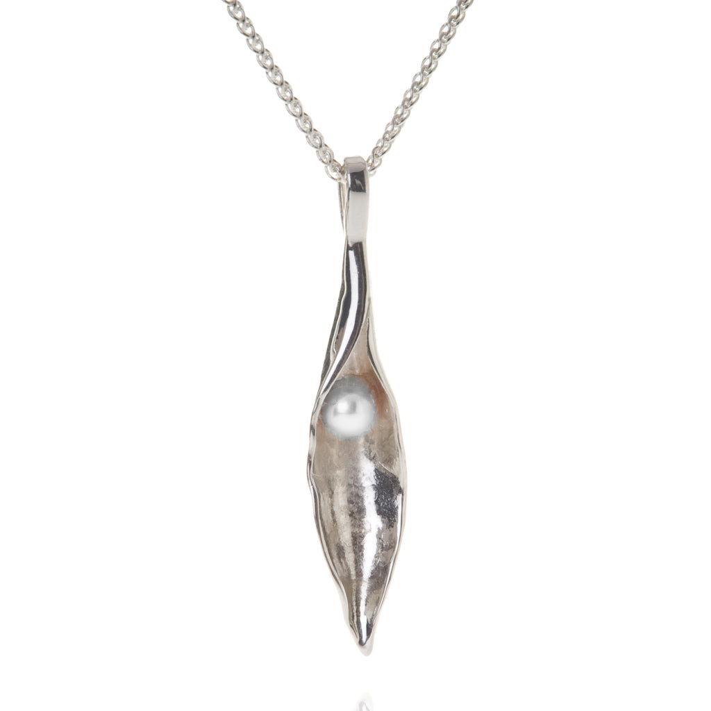 Medium silver pod pendant with white pearl inside, on silver chain