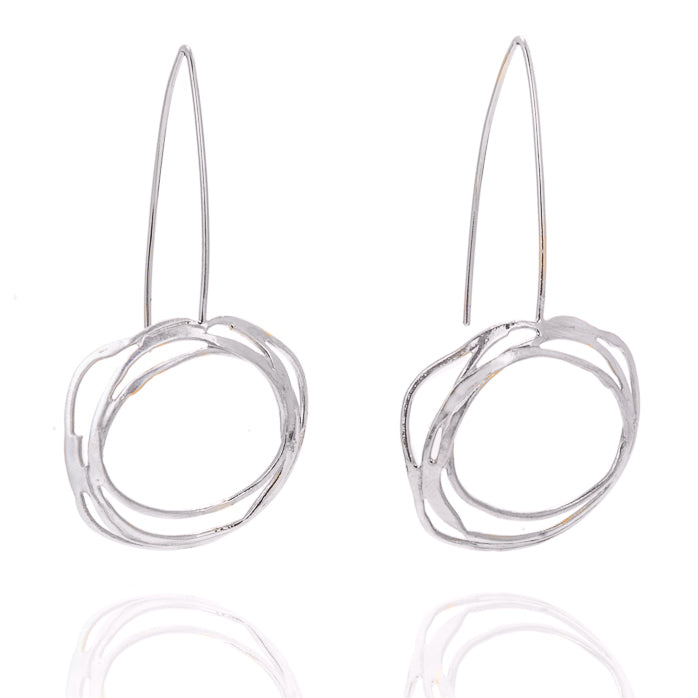 swirly silver circular wire earrings on hooks