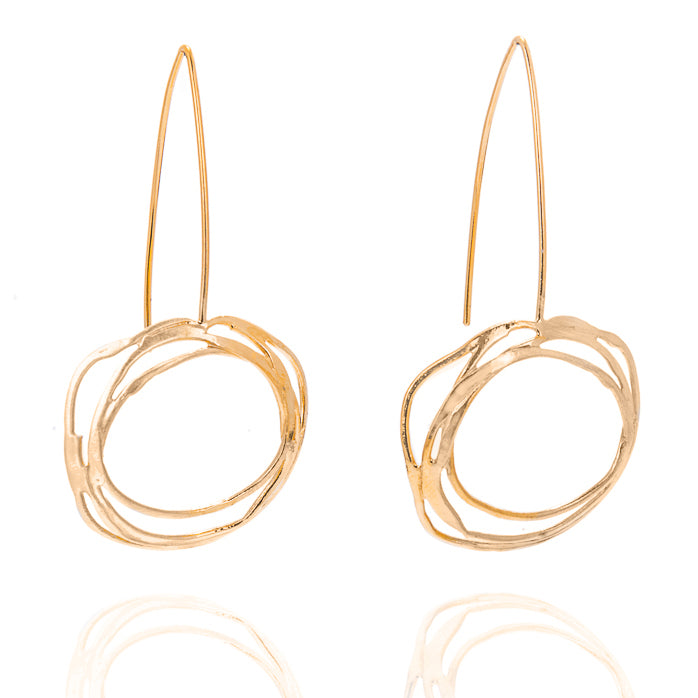 Swirly gold wire circular earrings on straight hook wire