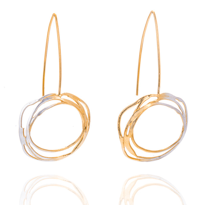 swirly circular earrings on hook wire in half silver and half gold