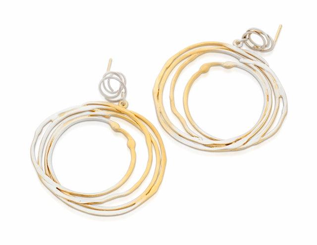 Large circular drop earrings in half silver and half gold
