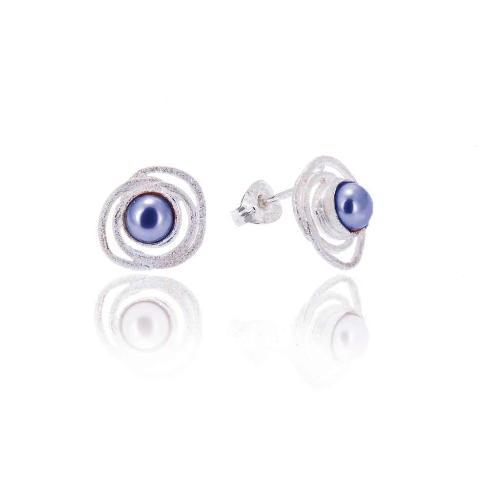purple pearls in silver earrings