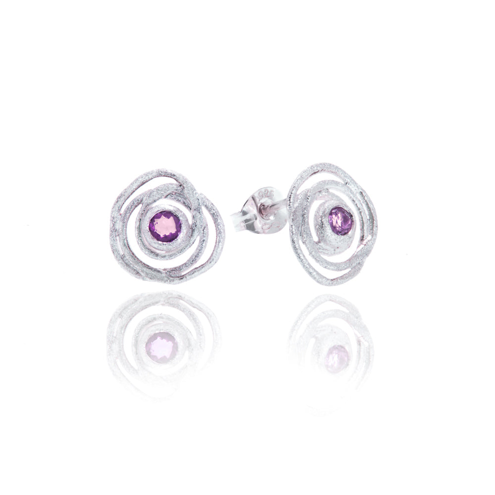Amethyst and silver handmade silver swirly earrings