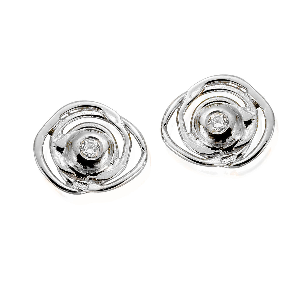 18ct white gold wire swirl stud earrings with central diamond