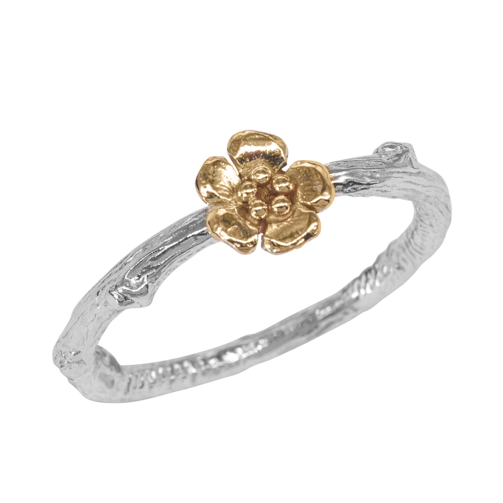 Silver twig ring with 18ct yellow flower