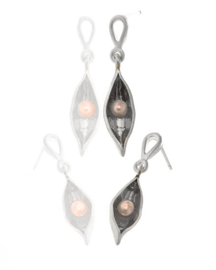 Small silver pod drop earrings with a pink pearl inside