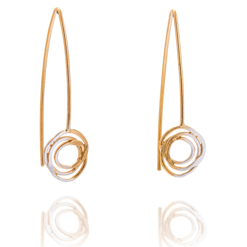 swirly silver hook earrings with half gold plate on the swirl and hook